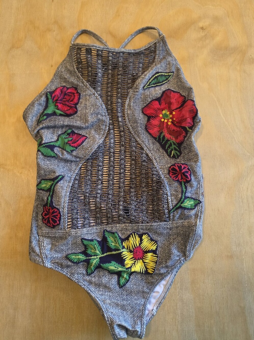 Despi Designer Brazilian Swimsuit XL Embroidered Floral Cutout